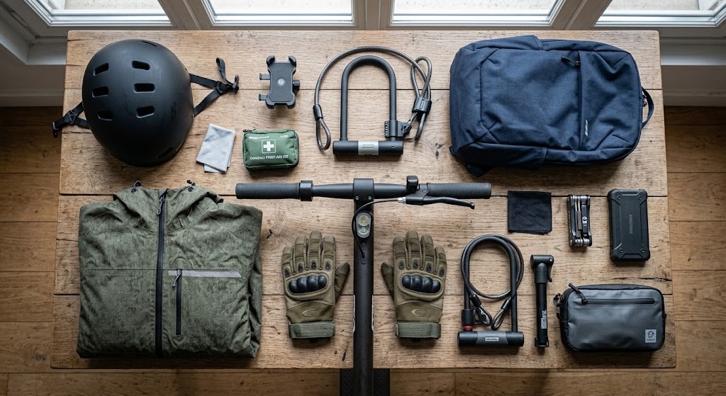 Flatlay d'équipement complet pour trottinette électrique avec casque, antivol, gants et sacoche