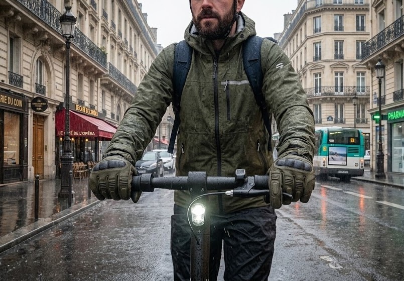 Mains d'un rider portant des gants d'hiver renforcés et étanches sur le guidon sous la pluie