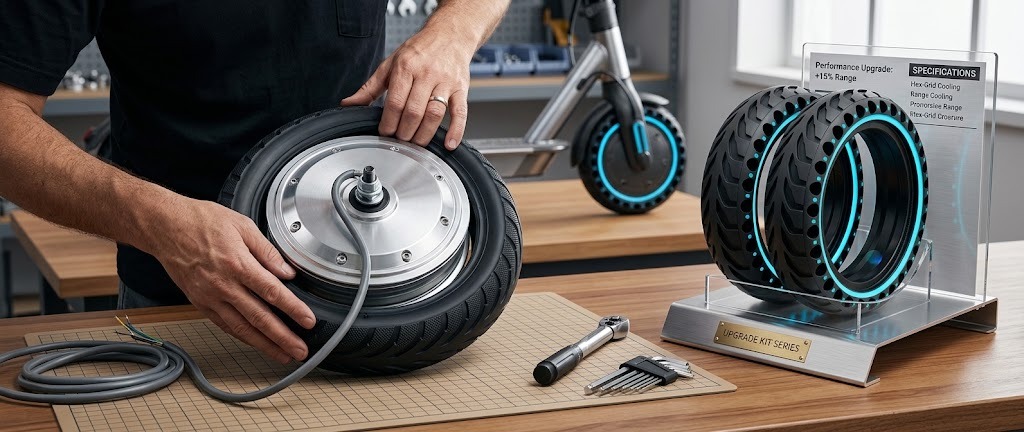 Atelier de maintenance d'une trottinette électrique et kit de pneus pleins alvéolés anti-crevaison