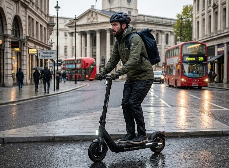 Rider en tenue étanche imperméable sous la pluie en trottinette électrique en ville